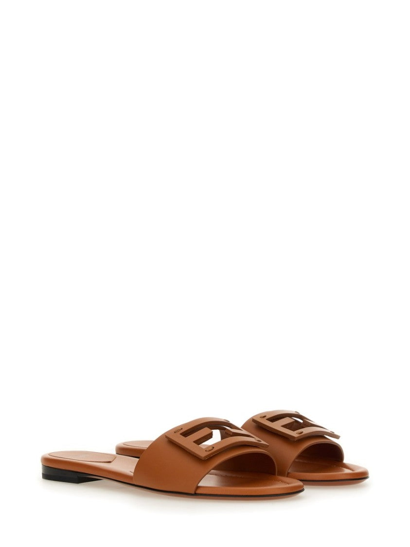 Fendi Flat Cut-Out Logo Leather Slide Sandals