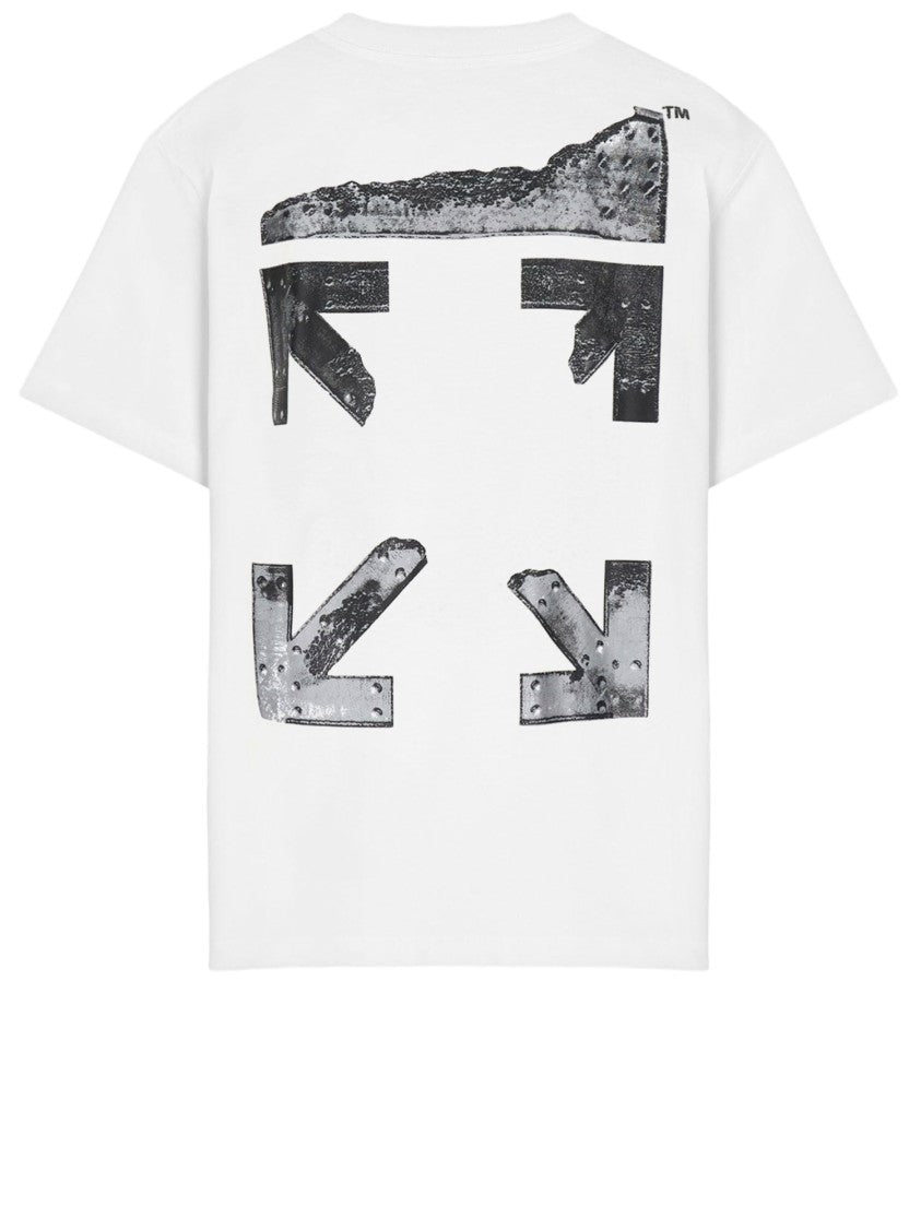 Off-White Round Neck Cotton T-Shirt With Distressed Logo Details