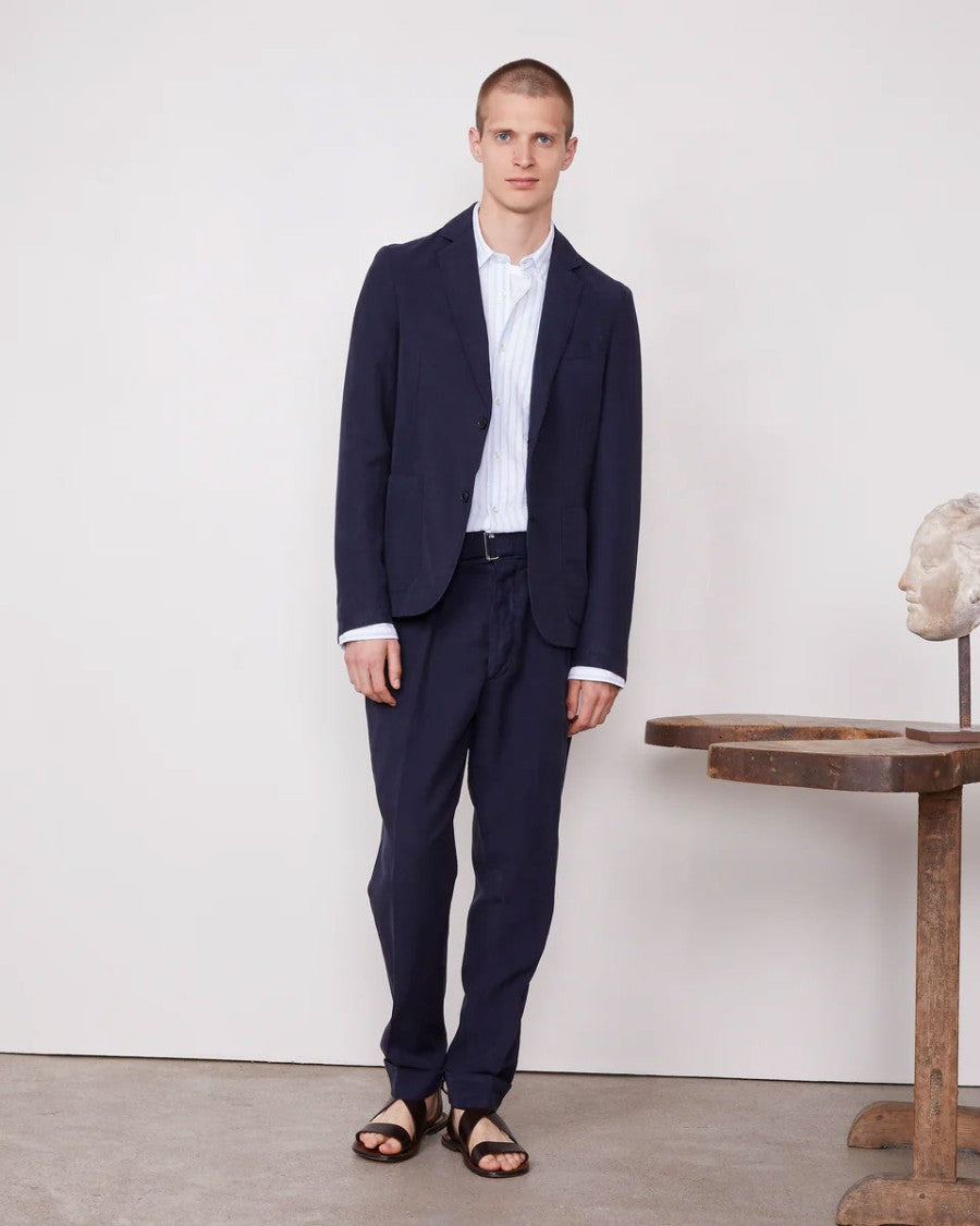 Officine Generale Tapered Blue Pants With Pleated Front