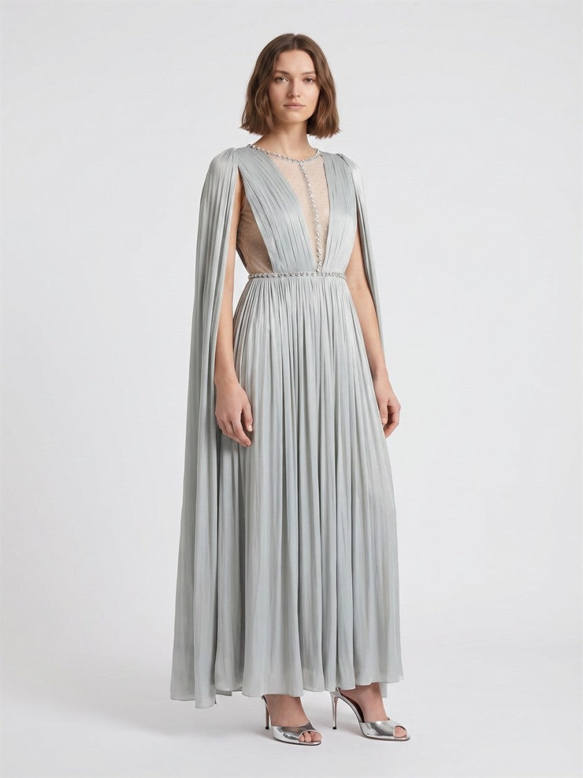 Nissa Verde Crystal-Embellished Pleated Evening Dress