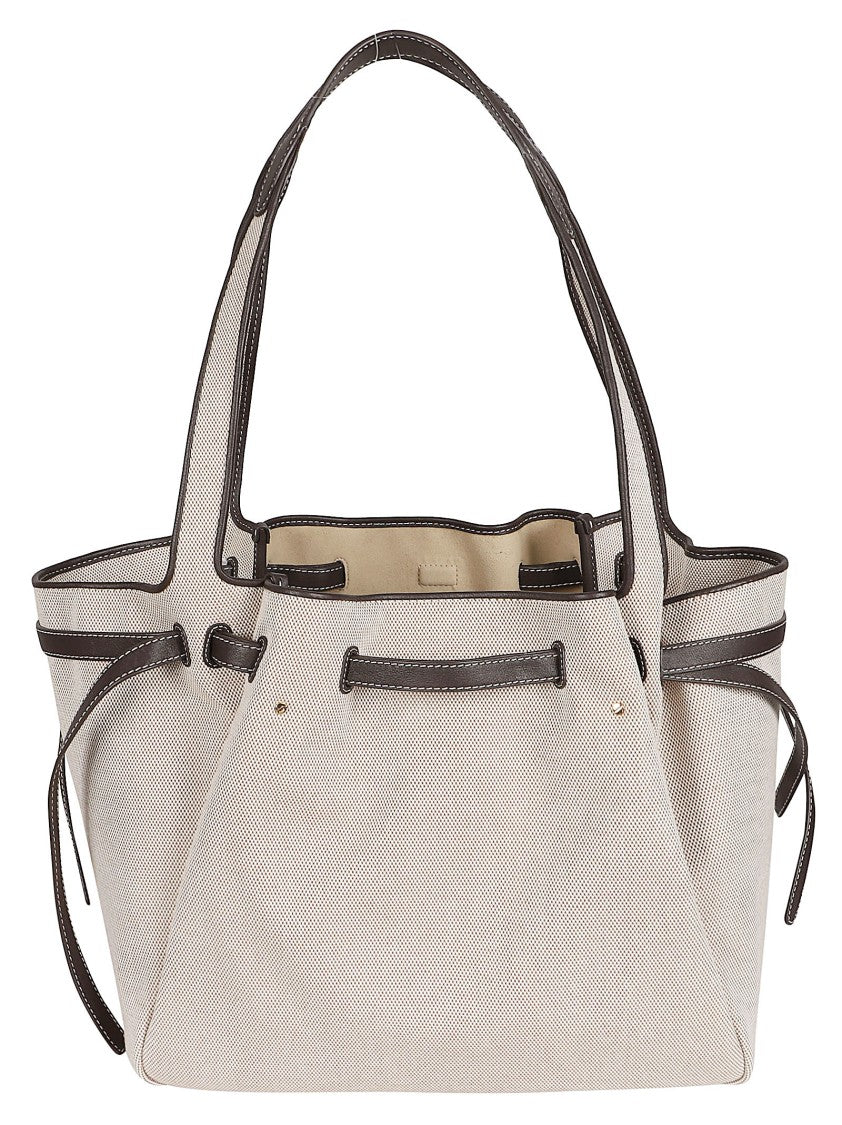 Tory Burch Textured Cotton Tote Bag With Leather Trim And Adjustable Width
