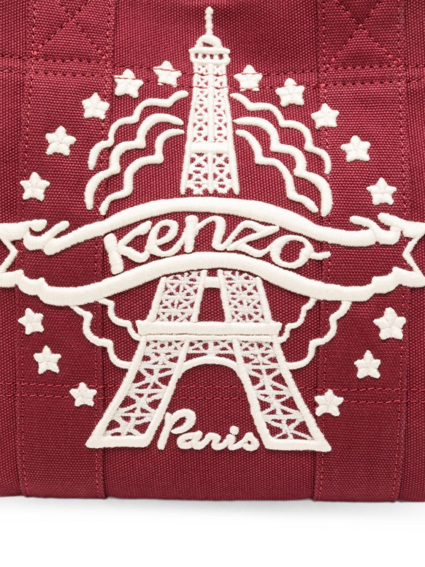 Kenzo Medium Burgundy Cotton Tote Bag With Eiffel Tower Embroidery