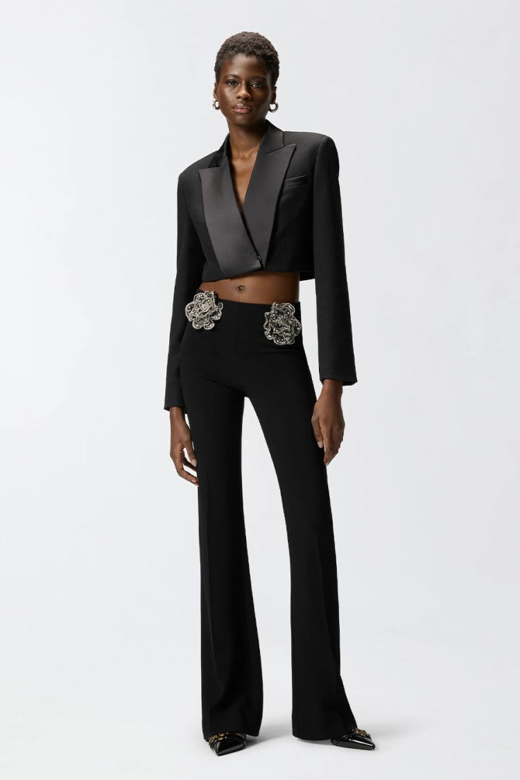 Pinko Black Crystal Rose Appliques Viscose-Blend Flared Pants