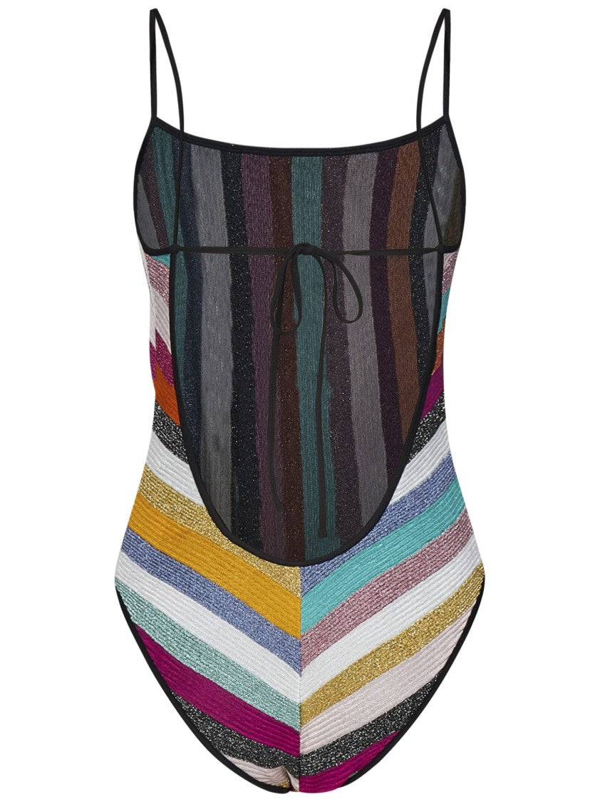Missoni Ribbed Lamé Striped One-Piece Swimsuit With Design