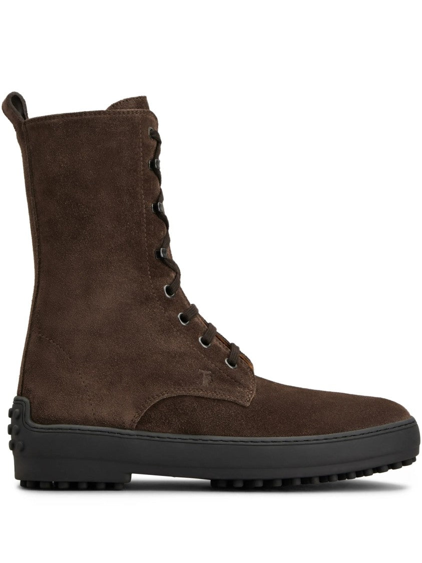 Tod's High-Top Lace-Up Brown Suede Boots With Pebbled Sole