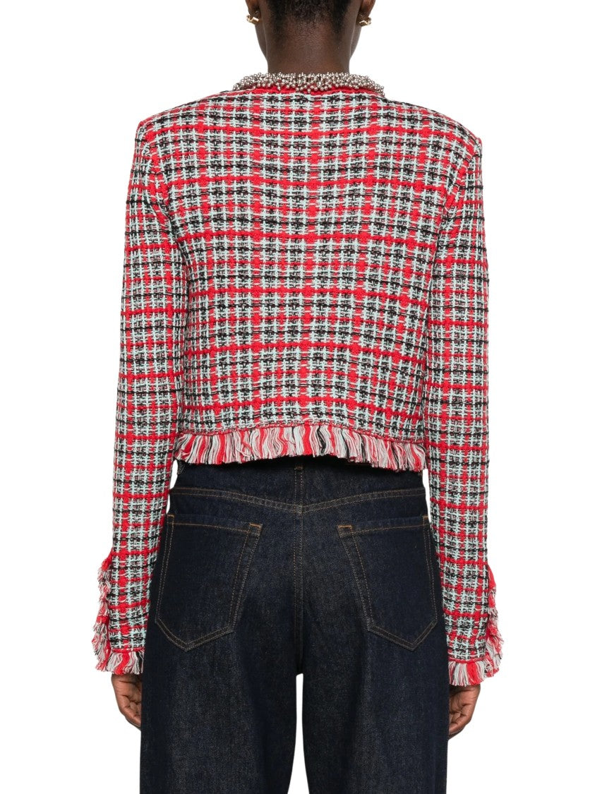Self-Portrait Cropped Checkered Fringe Trim Jacket