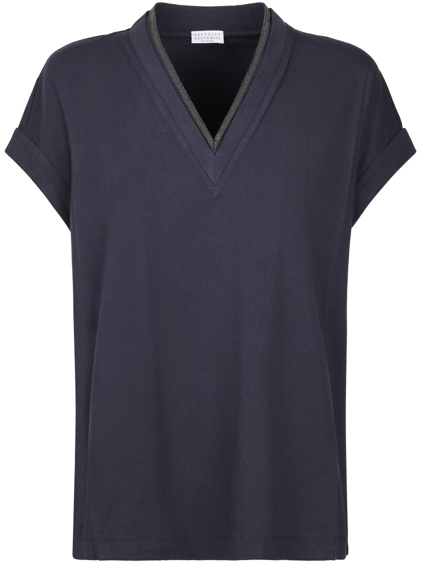 Brunello Cucinelli Deep V-Neck T-Shirt With Metallic Trim