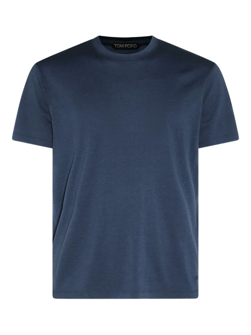 Tom Ford Navy Blue Crewneck T-Shirt With Logo Embroidery