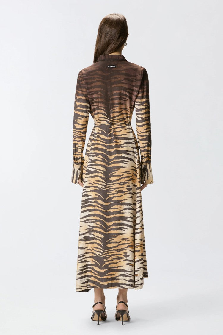 Pinko Brown Tiger-Stripe Print Self-Tie Belt Viscose Shirt