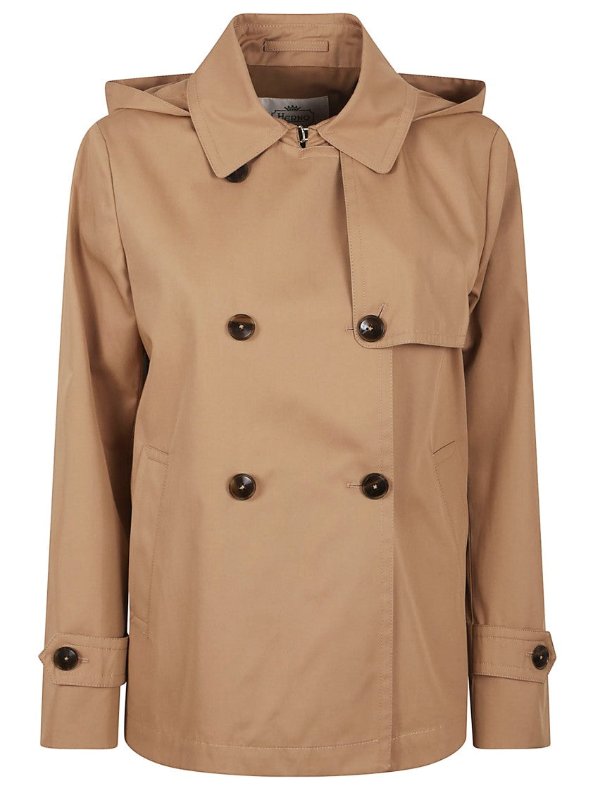 Herno Brown Double-Breasted Coat With Hood