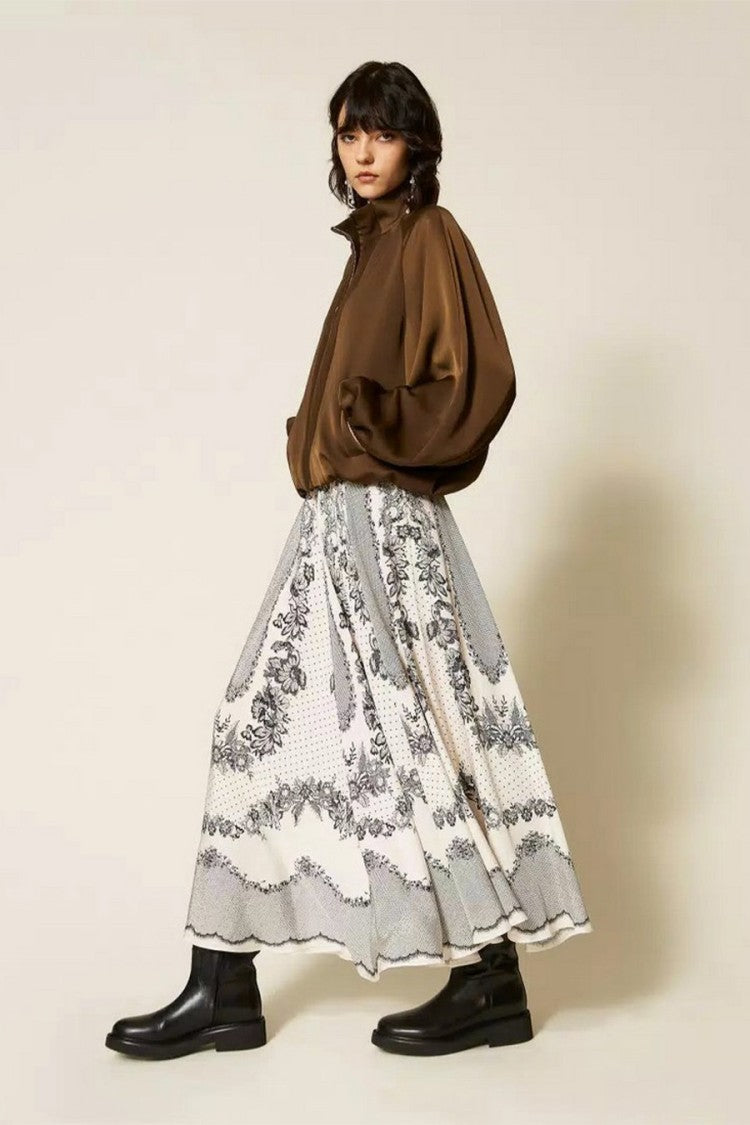 Twin-Set Brown Stand Collar Balloon Sleeve Polyester Bomber Jacket