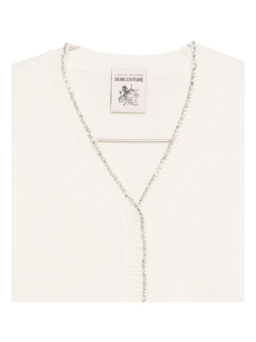 Semi Couture Cropped White Sweater With V-Neckline