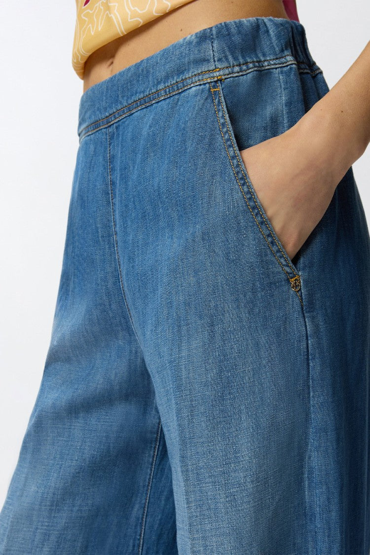 Pinko Blue Cuffed Contrast-Stitched Cotton-Linen Wide-Leg Pants