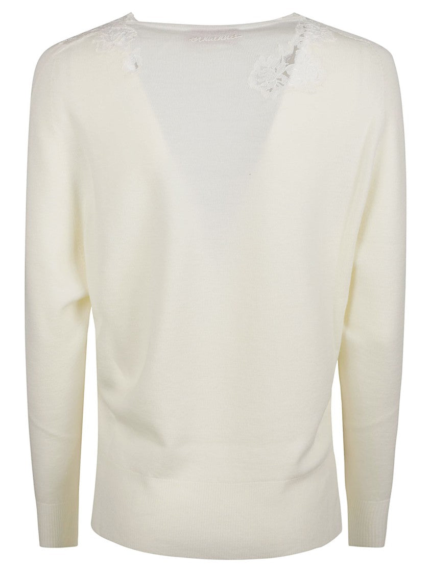Ermanno Firenze V-Neck Sweater With Intricate Lace Detailing