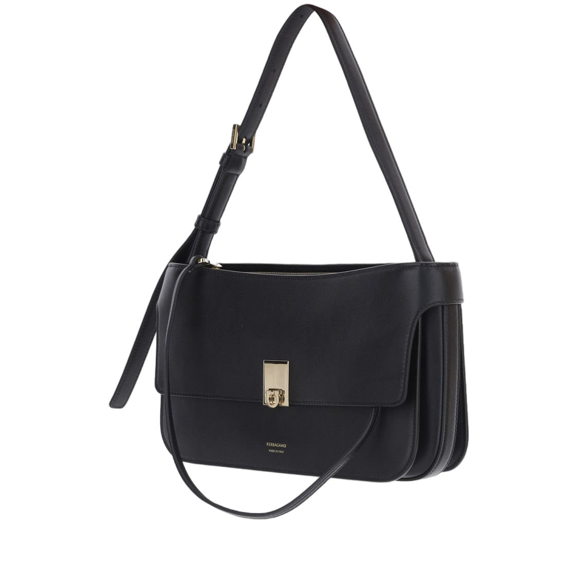 Salvatore Ferragamo Rectangular Black Leather Shoulder Bag With Adjustable Handle
