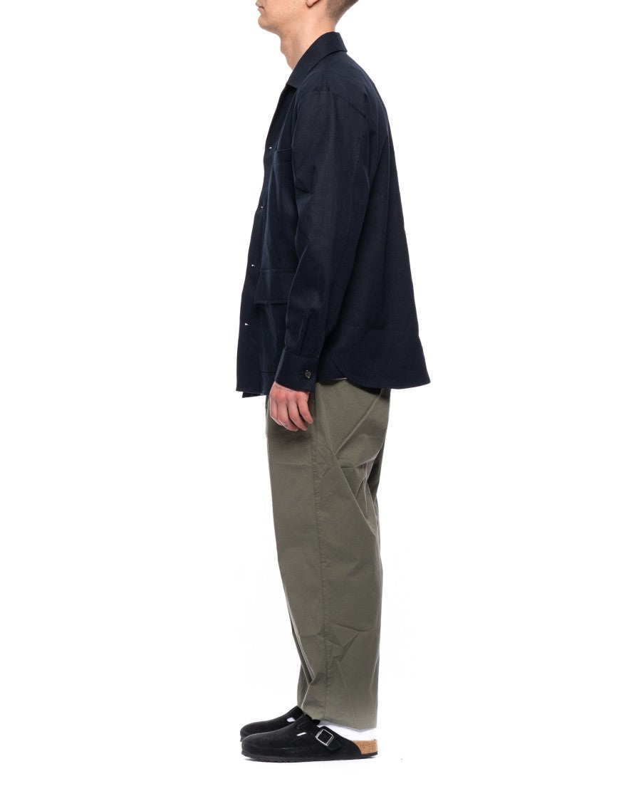 Paolo Pecora Blue Reverse Collar Linen-Blend Casual Shirt