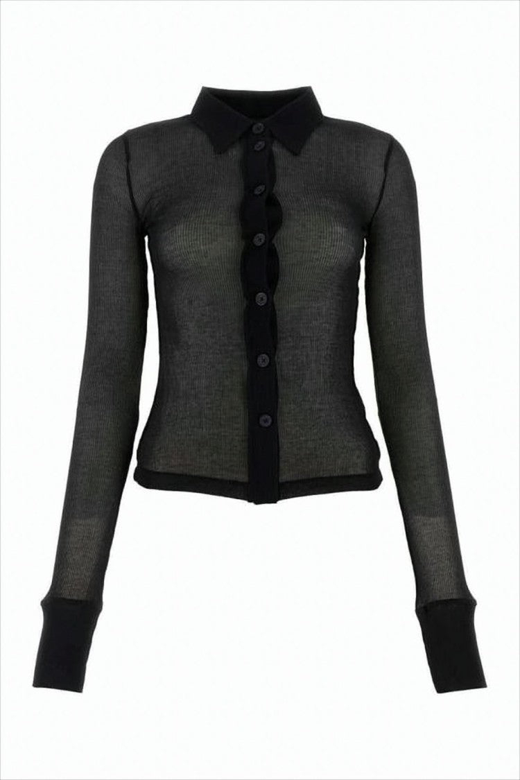 Helmut Lang Sheer Black Long-Sleeved Shirt With Scalloped Placket Detail