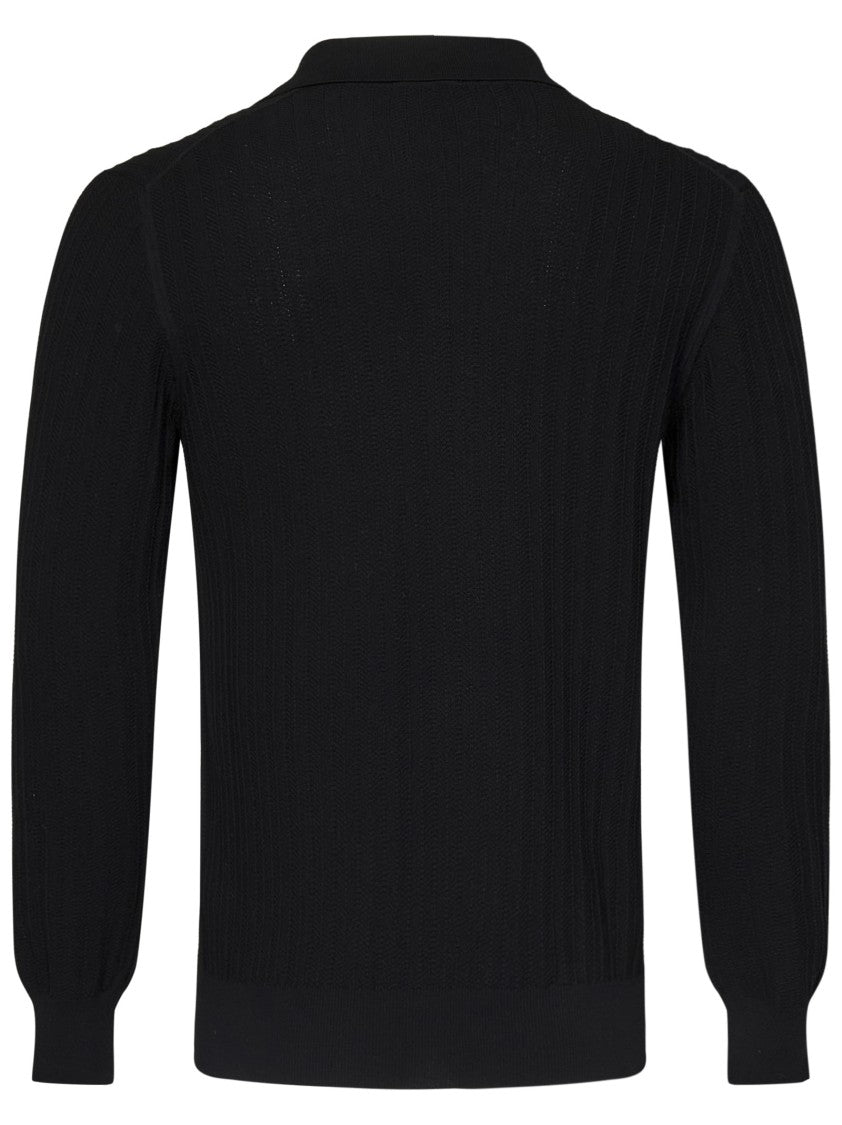 Malo Textured Herringbone Stitch Black Polo Shirt