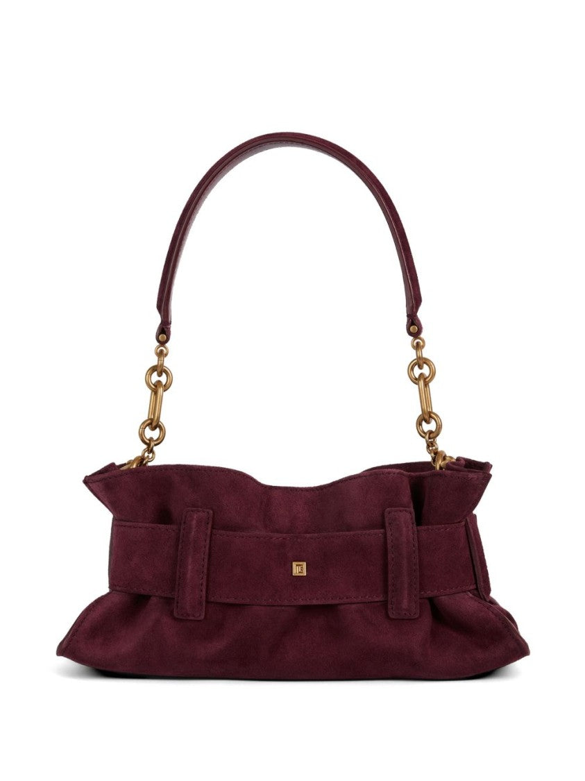 Balmain Burgundy Suede Shoulder Bag With Oversized Gold Buckle