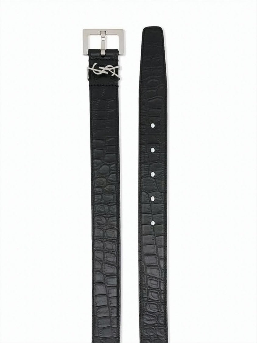Saint Laurent Textured Crocodile Pattern Leather Belt