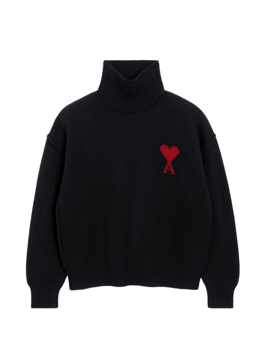 Ami Paris High Ribbed Turtleneck Sweater With Distinctive Heart Emblem