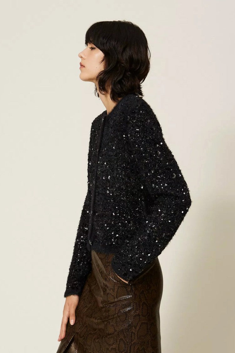 Twin-Set Black Sparkling Collarless Button-Front Jacket