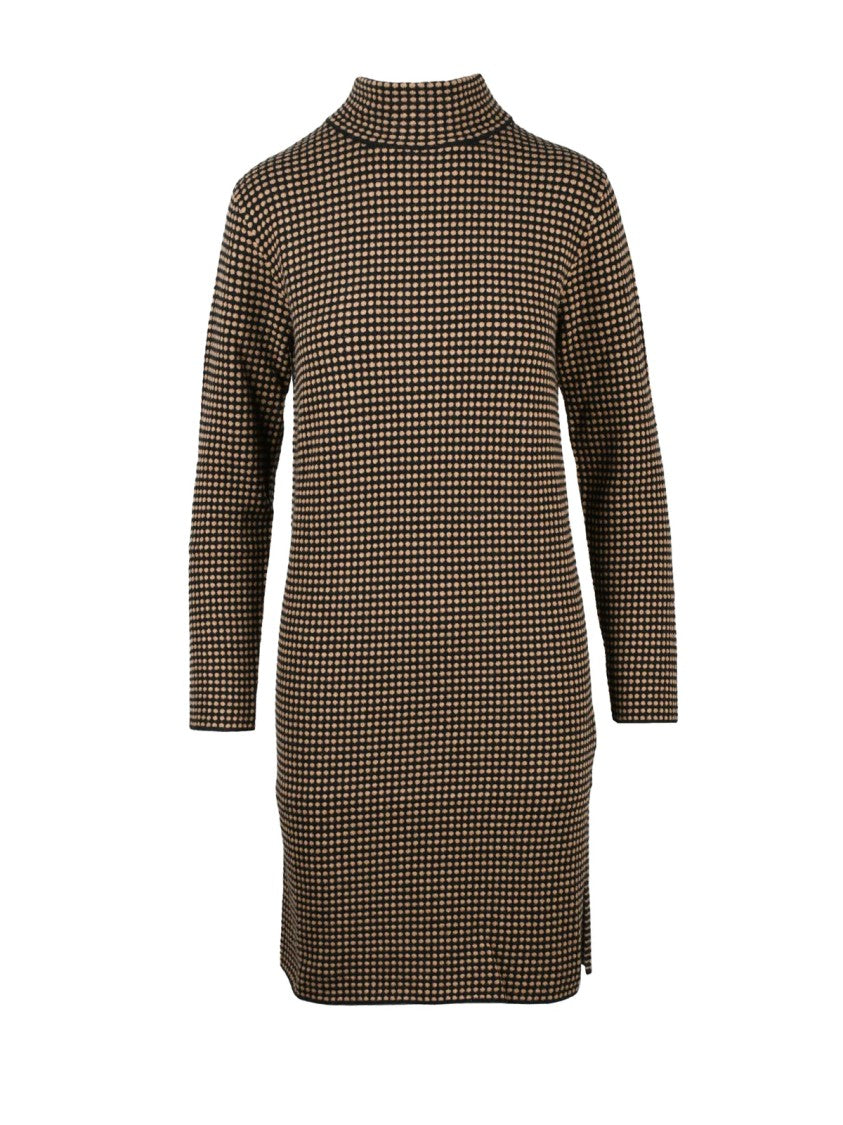 Kangra High Neck Knit Dress With Checkered Pattern And Side Slits
