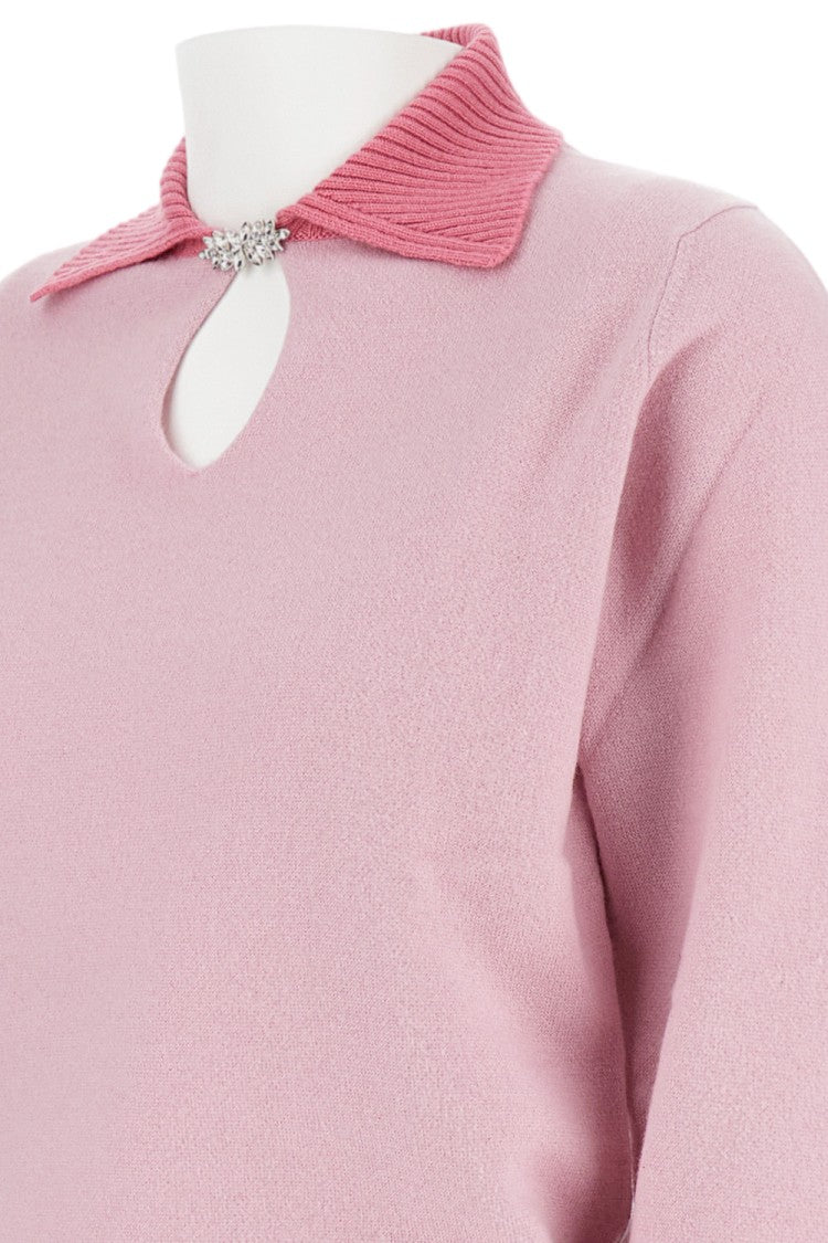 Barrie Rhinestone-Brooch Knitted Top With High-Neck Keyhole Detail