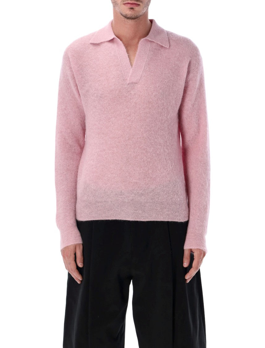 Auralee Ribbed Polo Sweater With Buttoned Placket And Textured Knit