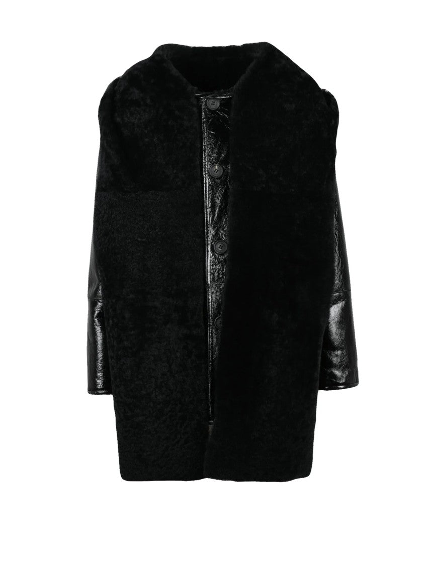 Alberta Ferretti Patent Shearling Coat With Stole And Hood
