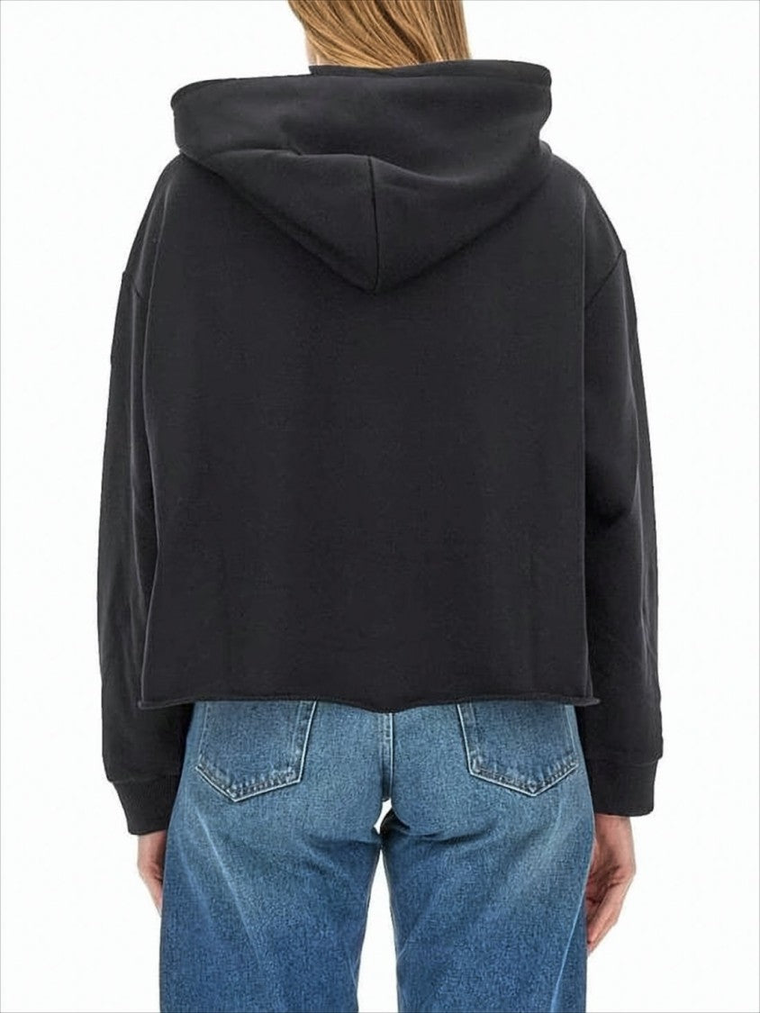 Mm6 By Maison Margiela Cropped Black Hoodie With Drawstring And Modern Aesthetic