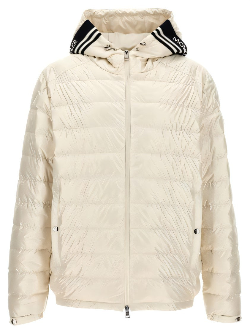 Moncler Quilted White Down Coat With Contrasting Hood Stripes