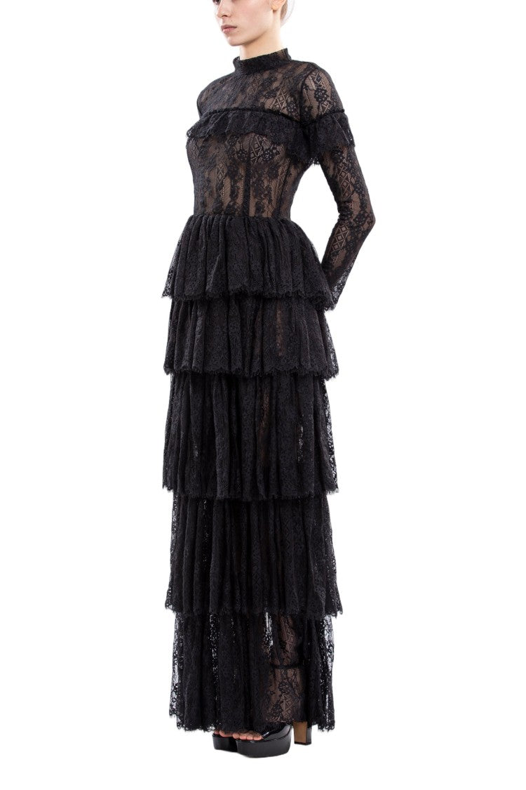Saiid Kobeisy Intricate Black Lace Maxi Dress With Layered Skirt