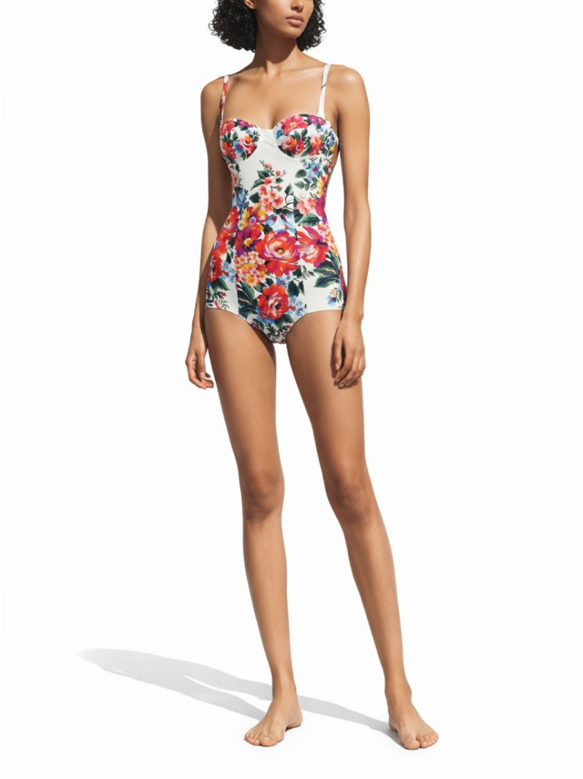 Dolce & Gabbana White Floral Print Underwire Cups One-Piece Swimsuit
