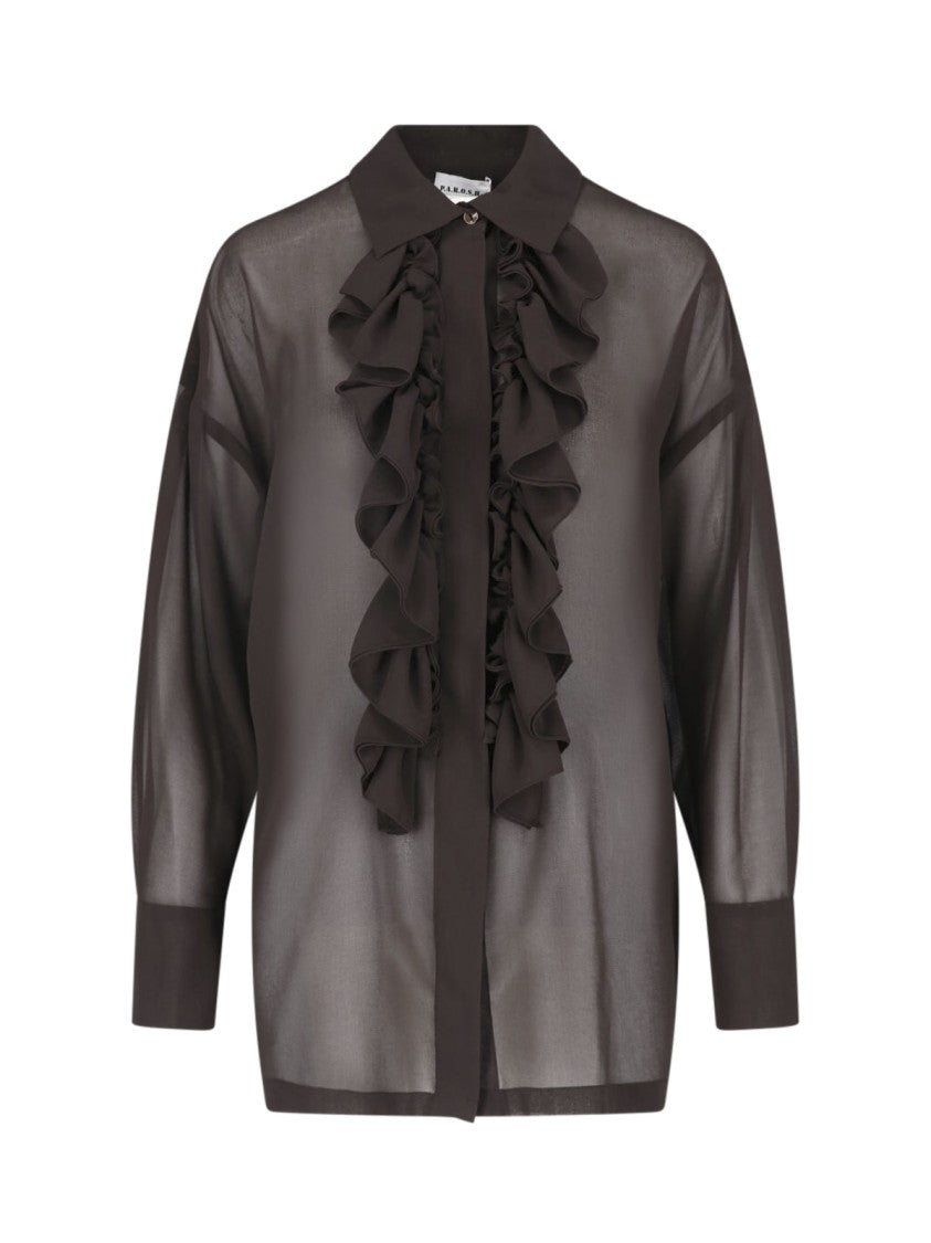 Parosh Semi-Transparent Brown Blouse With Front Ruffles