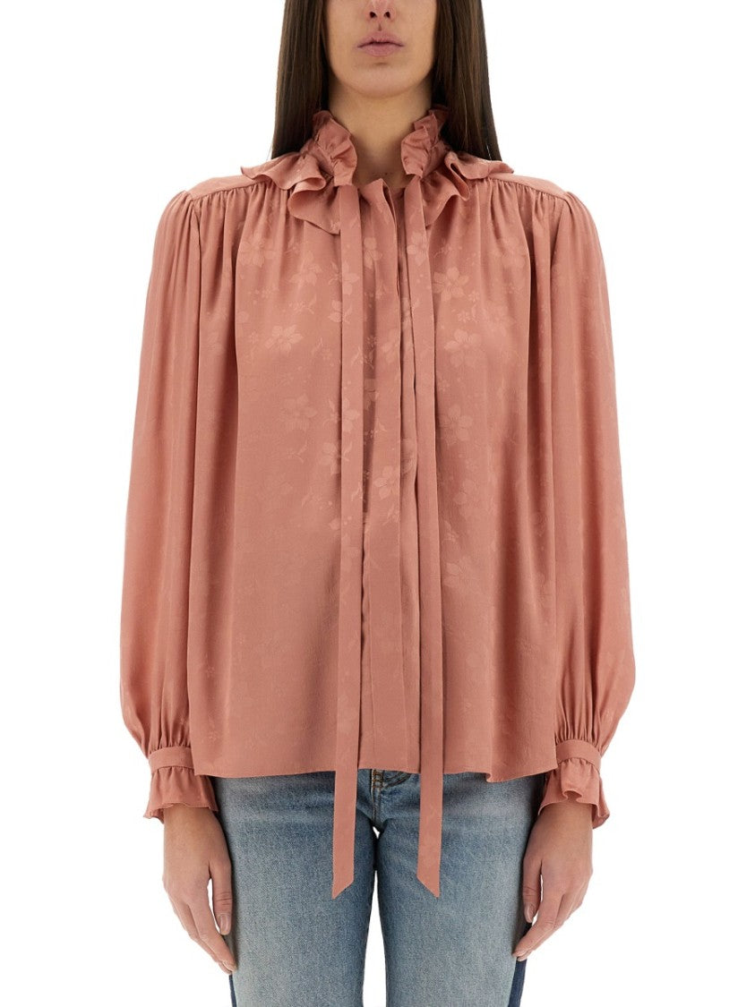 Chloé Fluid Silk Jacquard Blouse With Ruffled Neckline And Puffed Sleeves