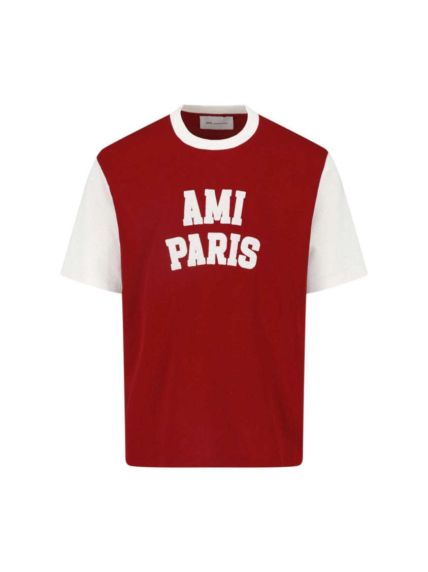 Ami Paris Red Cotton Contrast Logo T-Shirt
