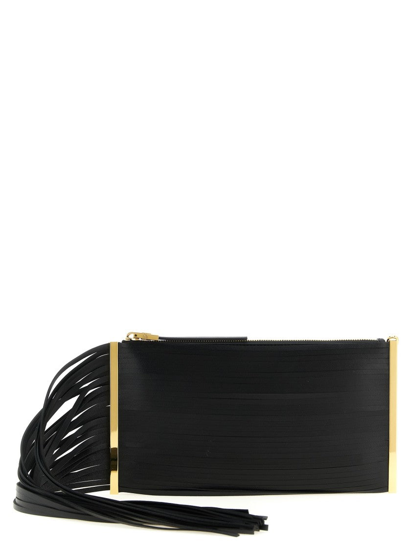 Elisabetta Franchi Fringed Black Leather Clutch With Gold-Tone Accents