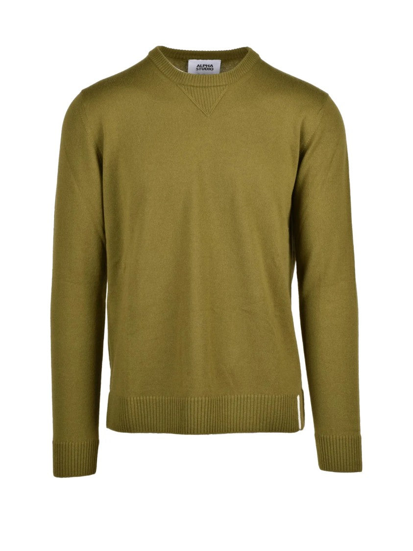 Alpha Studio Crew-Neck Pullover Sweater In Pistachio Wool