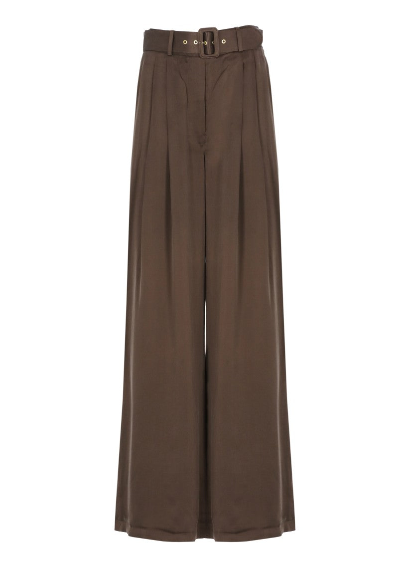 Zimmermann High-Waist Brown Silk Trousers With Pleated Front
