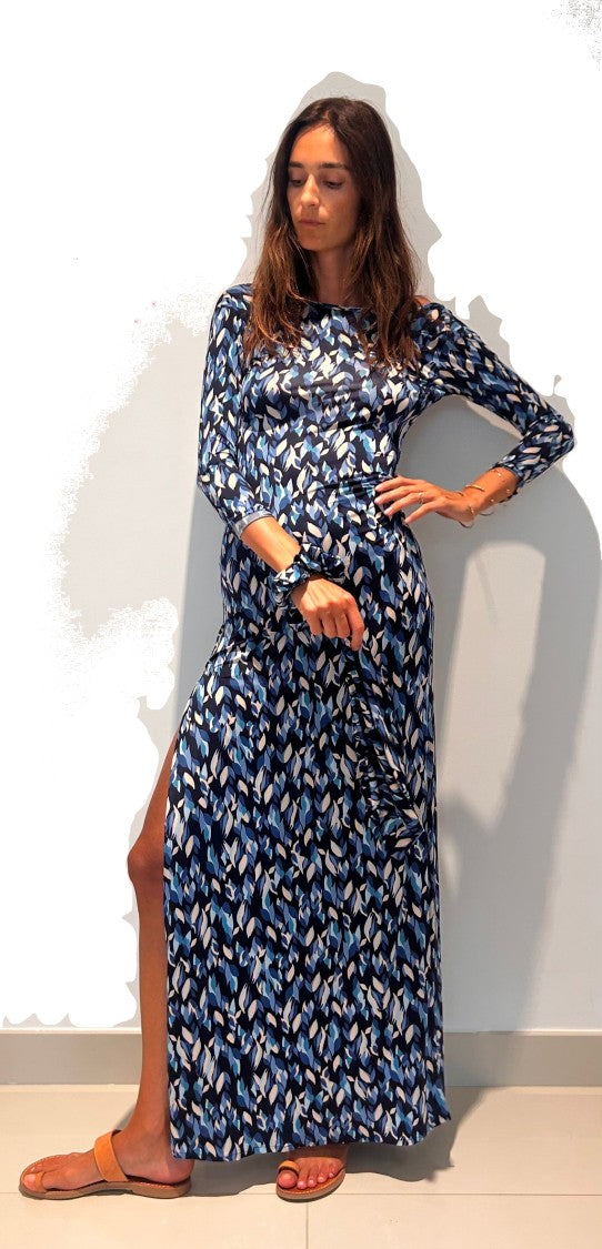 Hawa Made From Love Blue Maha Abstract Leaf Maxi Dress