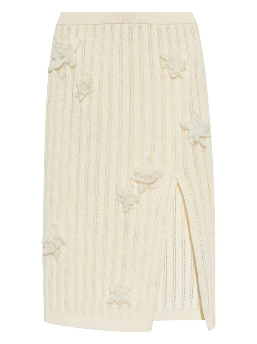 Casablanca Knee-Length Ribbed Skirt With Floral Appliqués And Side Slit
