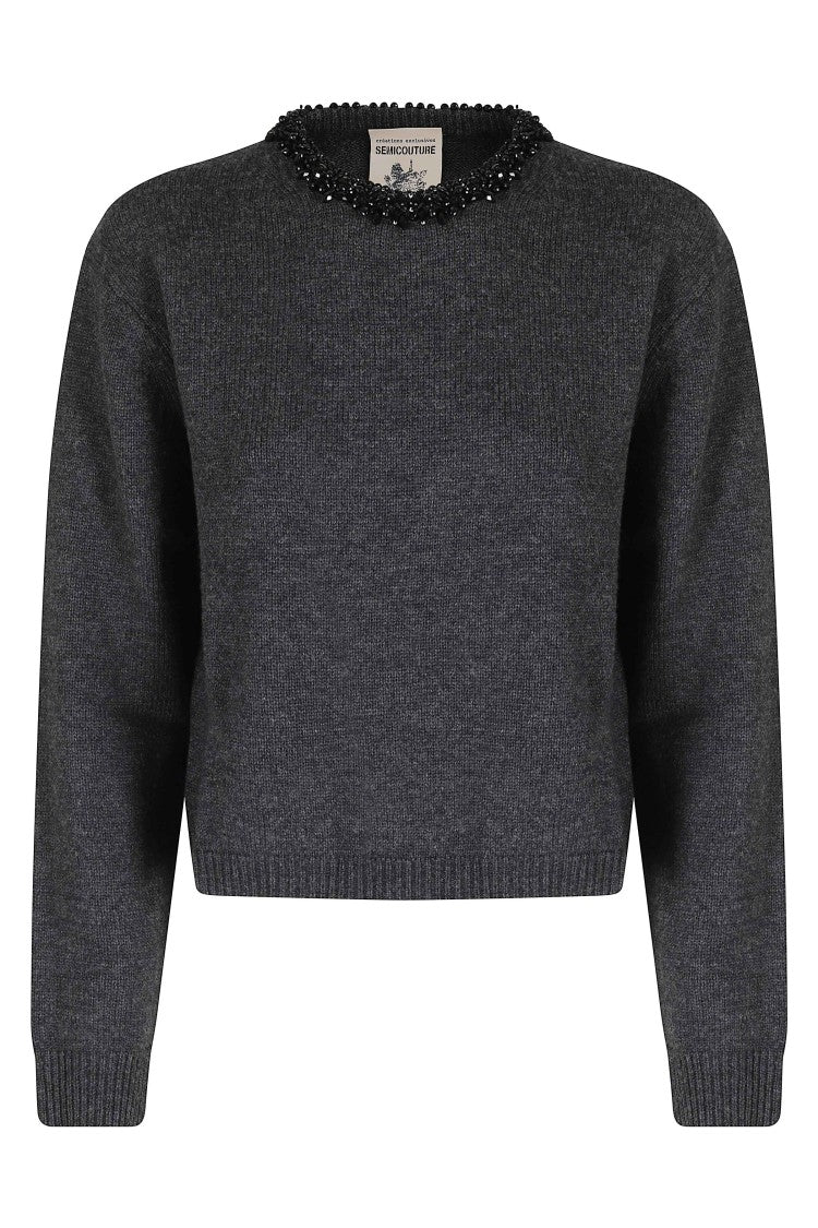 Semi Couture Cropped Gray Sweater With Rhinestone Embellishments