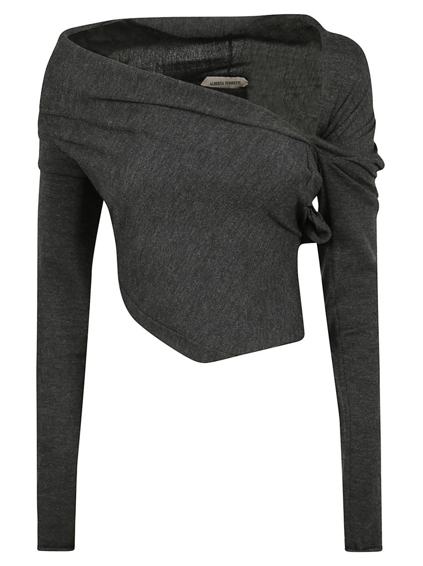 Alberta Ferretti Cropped Asymmetrical Grey Merino Wool Sweater