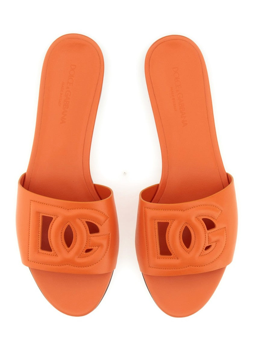 Dolce & Gabbana Open Toe Raised Logo Leather Slide Sandals