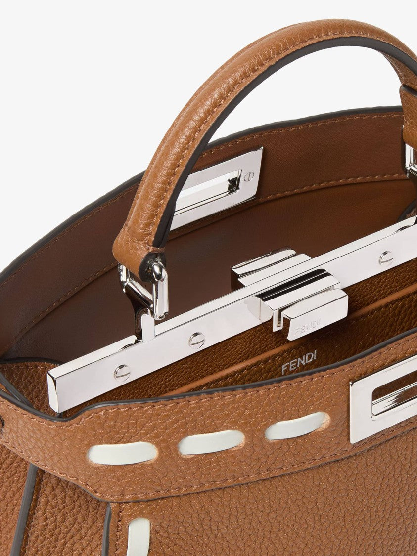 Fendi Trapezoidal Leather Handbag With Stitched Detailing And Silver-Tone Closure