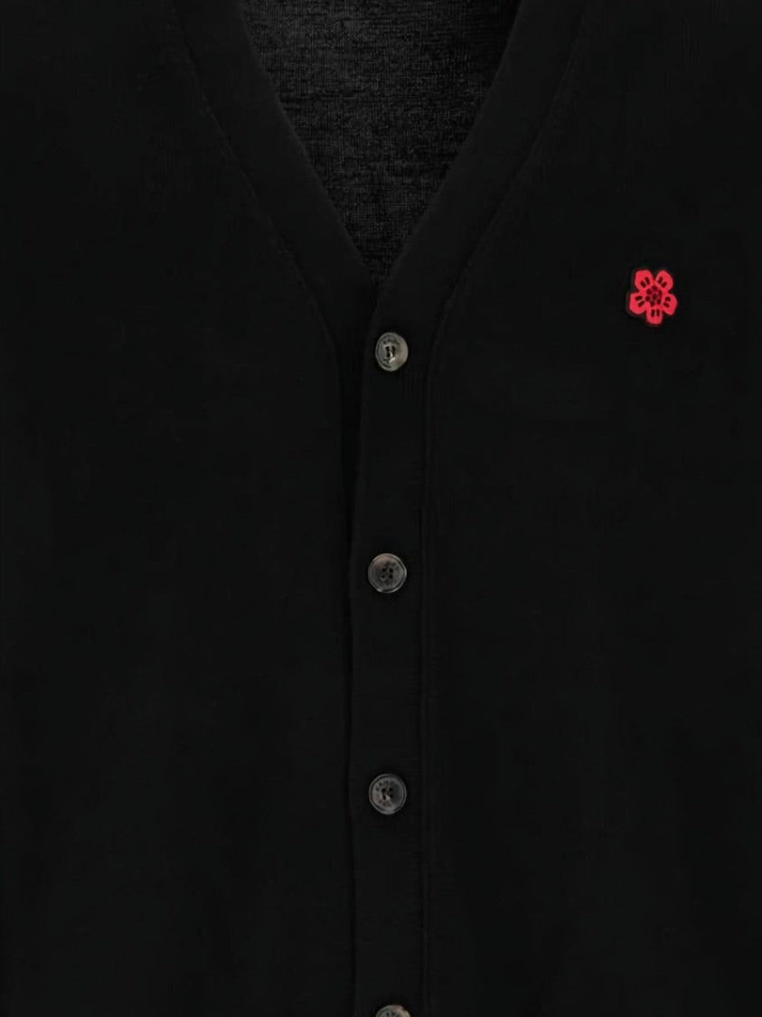 Kenzo Button-Front Black Wool Cardigan With Embroidered Motif