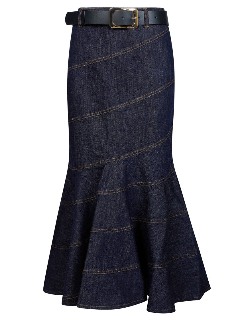 Self-Portrait Indigo Denim Belted Midi Skirt