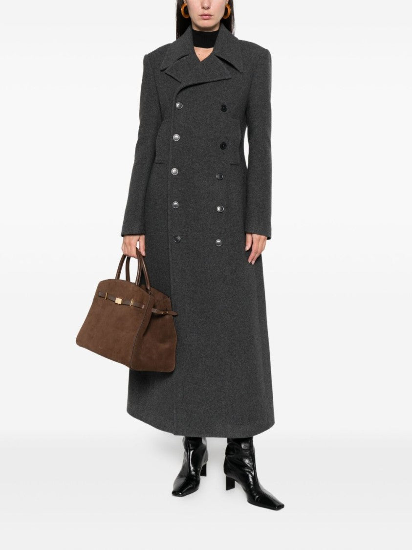 The Nina Studio Long Double-Breasted Coat With Classic Lapels In Grey Wool
