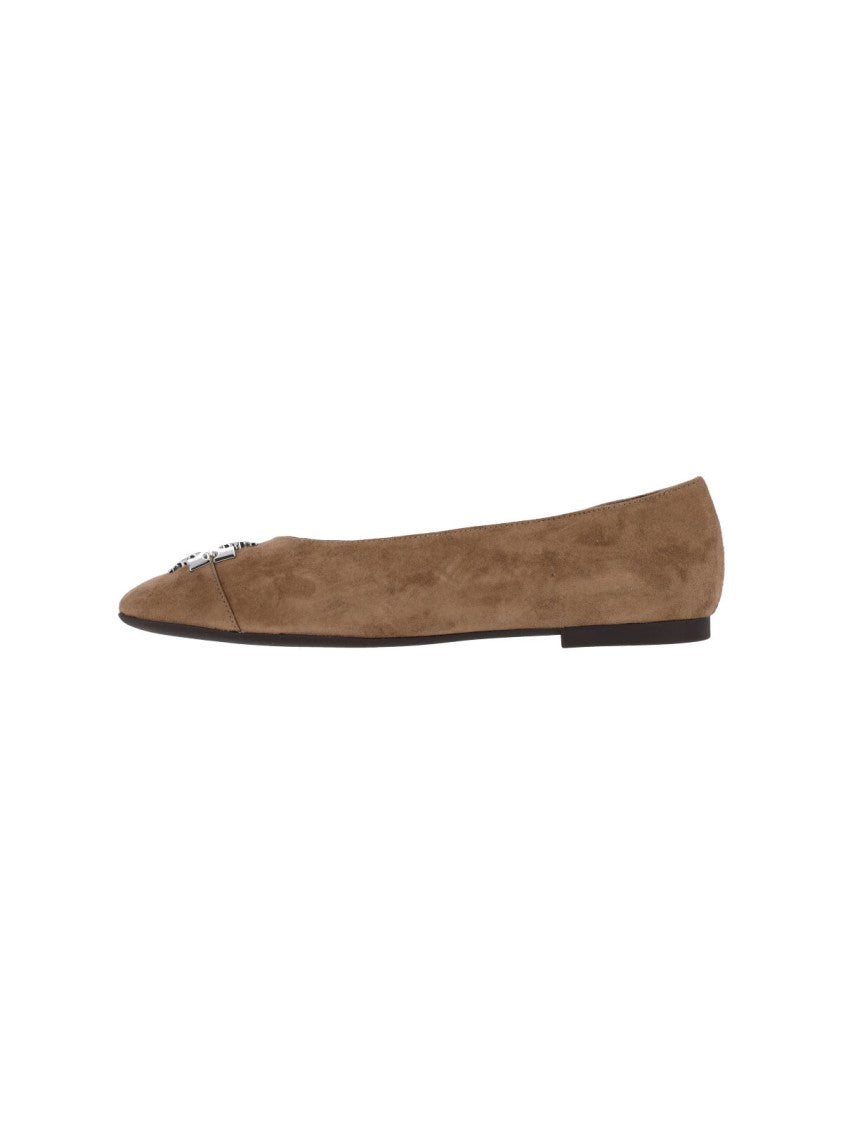 Tory Burch Pointed-Toe Metallic Logo Suede Flats